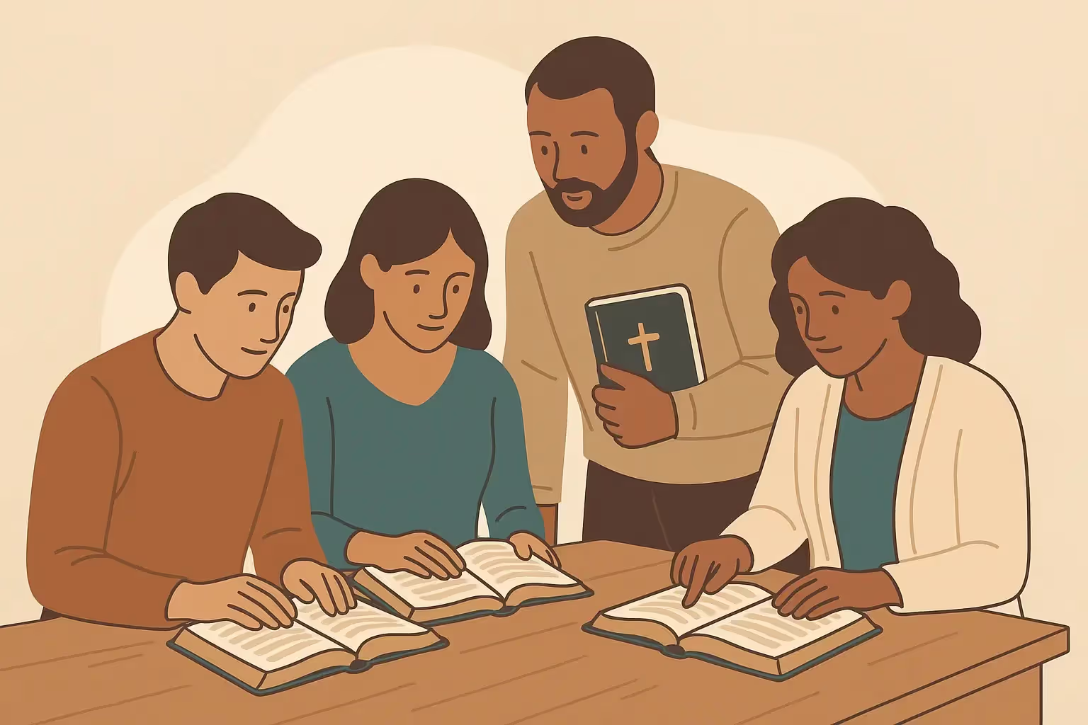 Church group studying the Bible together representing healthy church traits-min