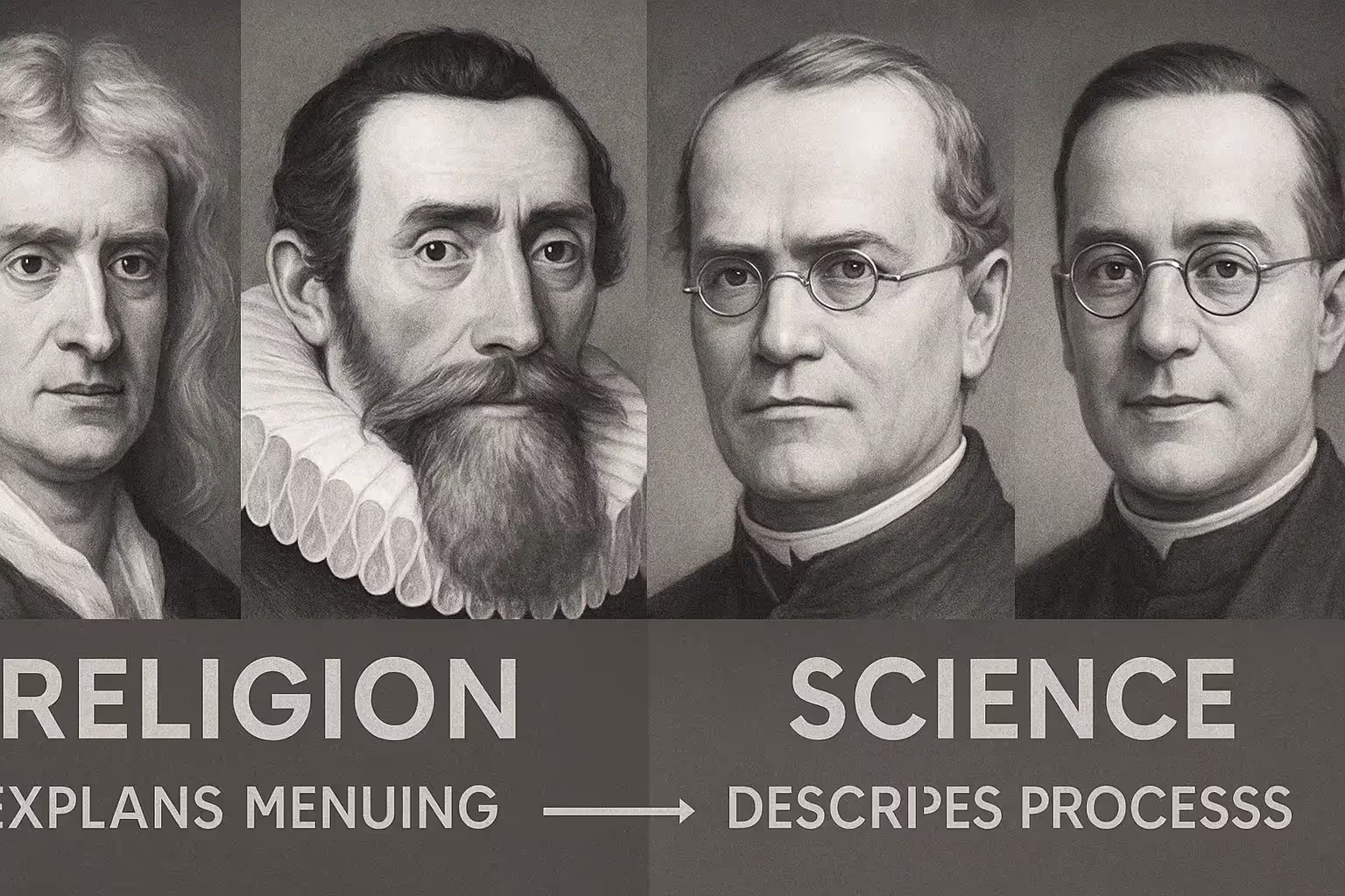 Portraits of Newton, Kepler, Mendel and Lemaître