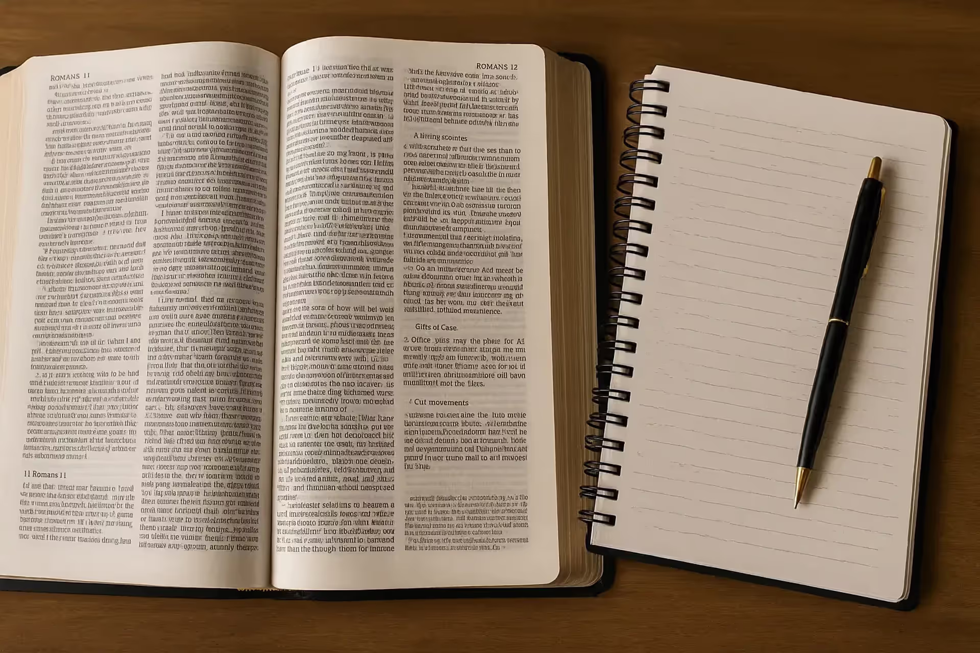 Open Bible with notebook and pen
