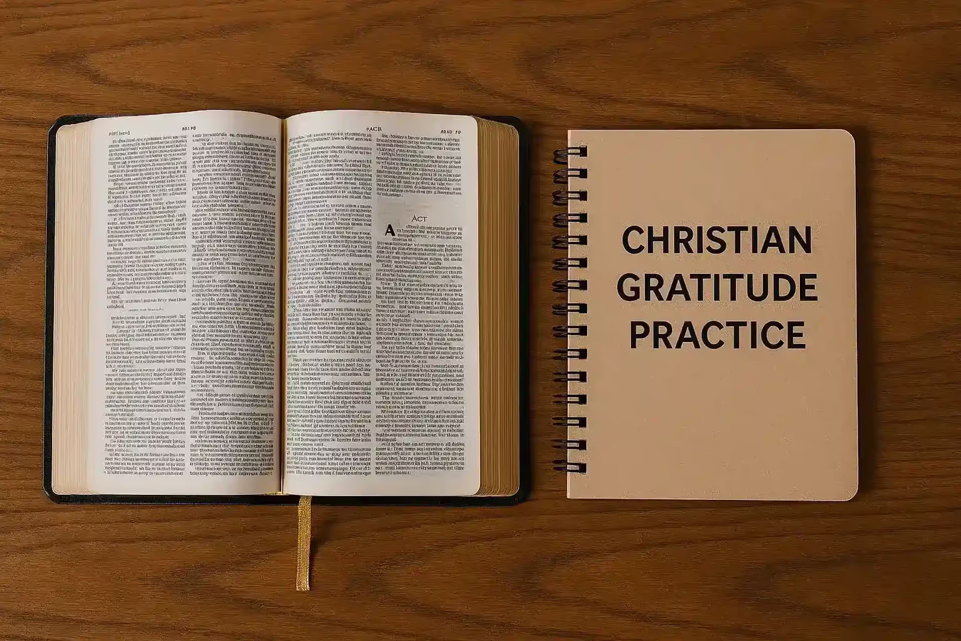 Bible and notebook titled Christian Gratitude Practice